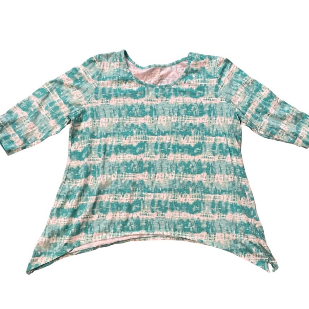Coral Bay Women’s 3/4 sleeve Tie Dye Striped Top Size Petite XL Aqua/White
